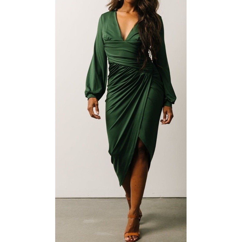 Baltic Born Torino Ruched Plunging Neckline Midi Dress Tulip Skirt Green Sz XL